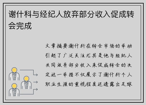 谢什科与经纪人放弃部分收入促成转会完成